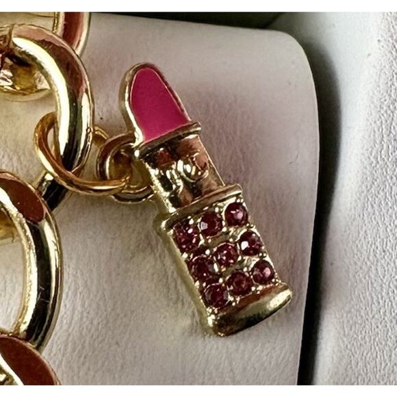 NIB JUICY COUTURE Gold Pink Rhinestone Heart Watch Charm Bracelet Crest Key GIFT - Picture 11 of 16